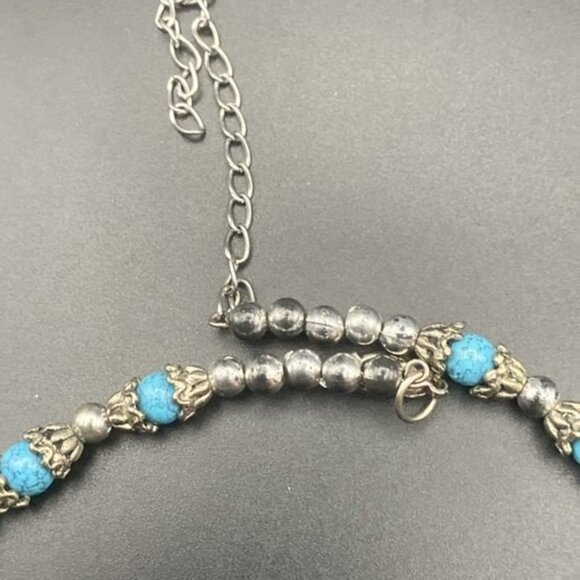 Faux Turquoise Beads Necklace Tibetan Silver Leaves Tribal Lady's Torque 14-17" - Picture 8 of 8